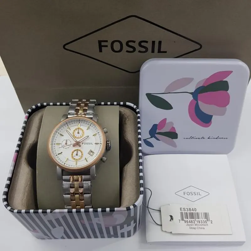 Fossil Boyfriend Tri- tone Silver Dial Ladies Watch- ES3840